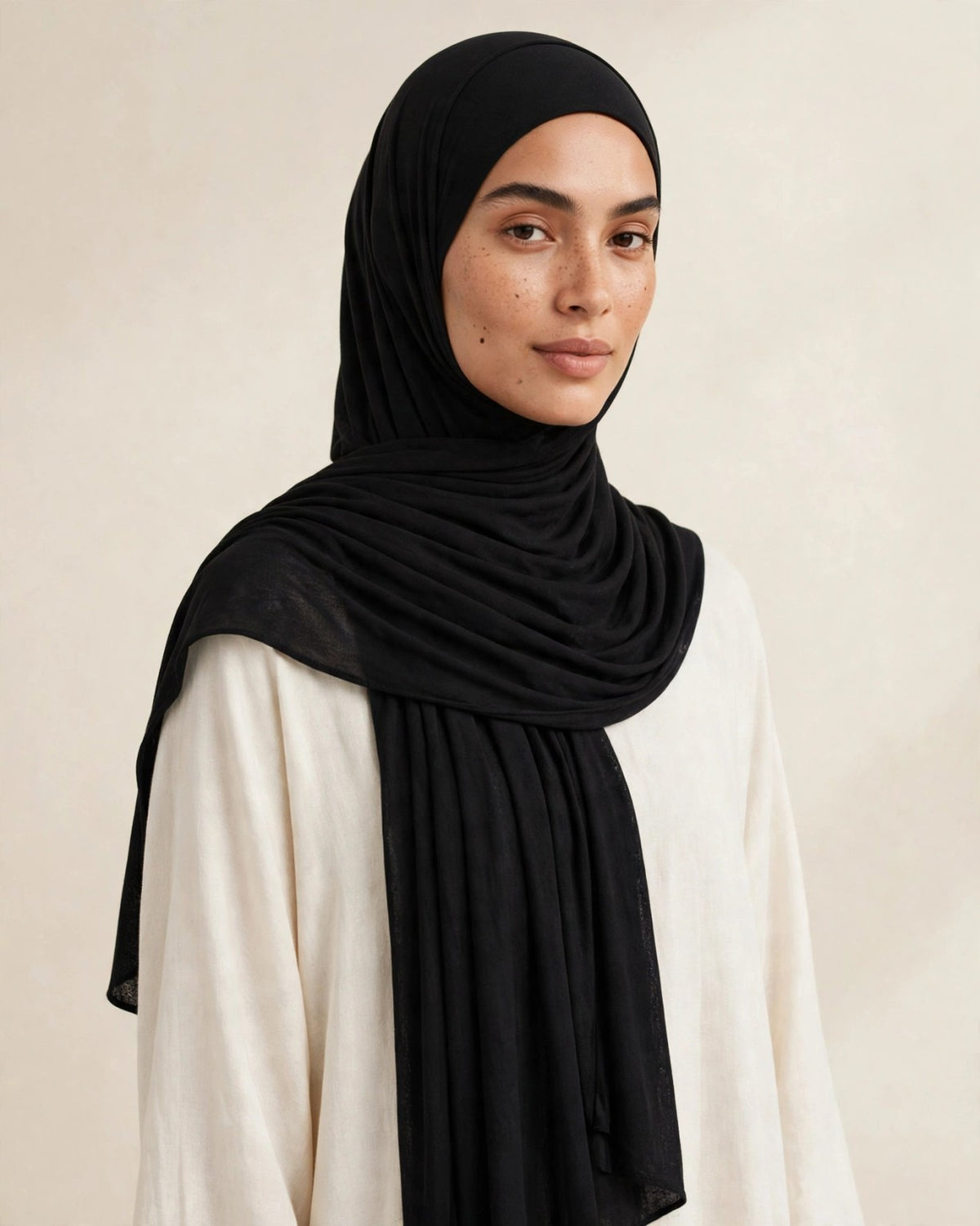 LUMA Signature Modal Hijab in Black — front styling
