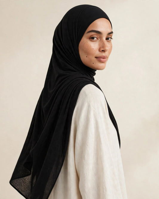 LUMA Signature Modal Hijab in Black — side and back drape